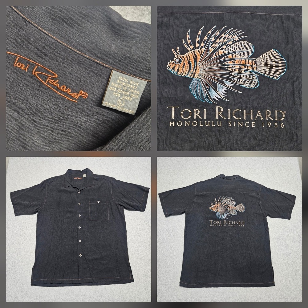 Tori Richard Mens Large  Black Silk Shirt Fish Embroidered Hawaiian